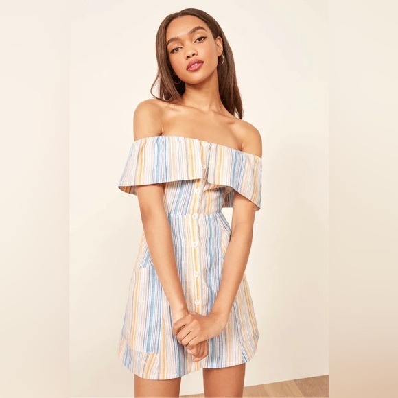 REFORMATION| Marbella striped linen off the shoulder dress| 12 - Picture 1 of 9